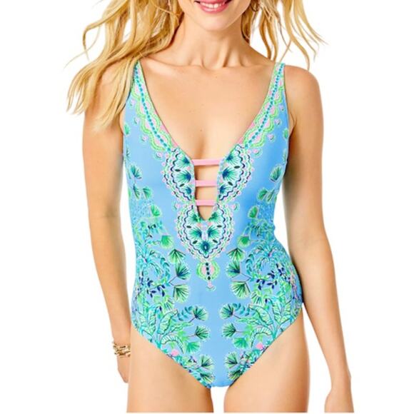 Lilly Pulitzer Jaspen One Piece Swimsuit Frenchie Blue Womens 14 Padded 001217